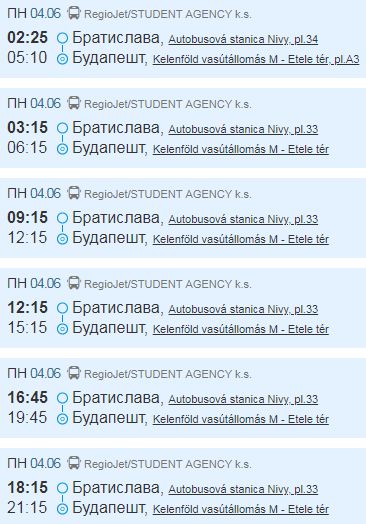 Расписание на автобус Братислава - Будапешт