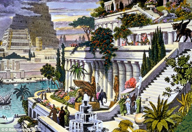 An illustration of the Hanging Gardens of Babylon.