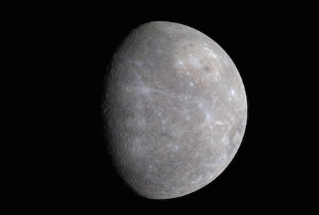 A photo of Mercury with colors added and lightened to show surface features like craters.