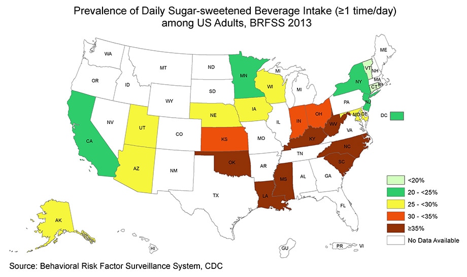 Map showing prevalence of daily SSB intake by state.